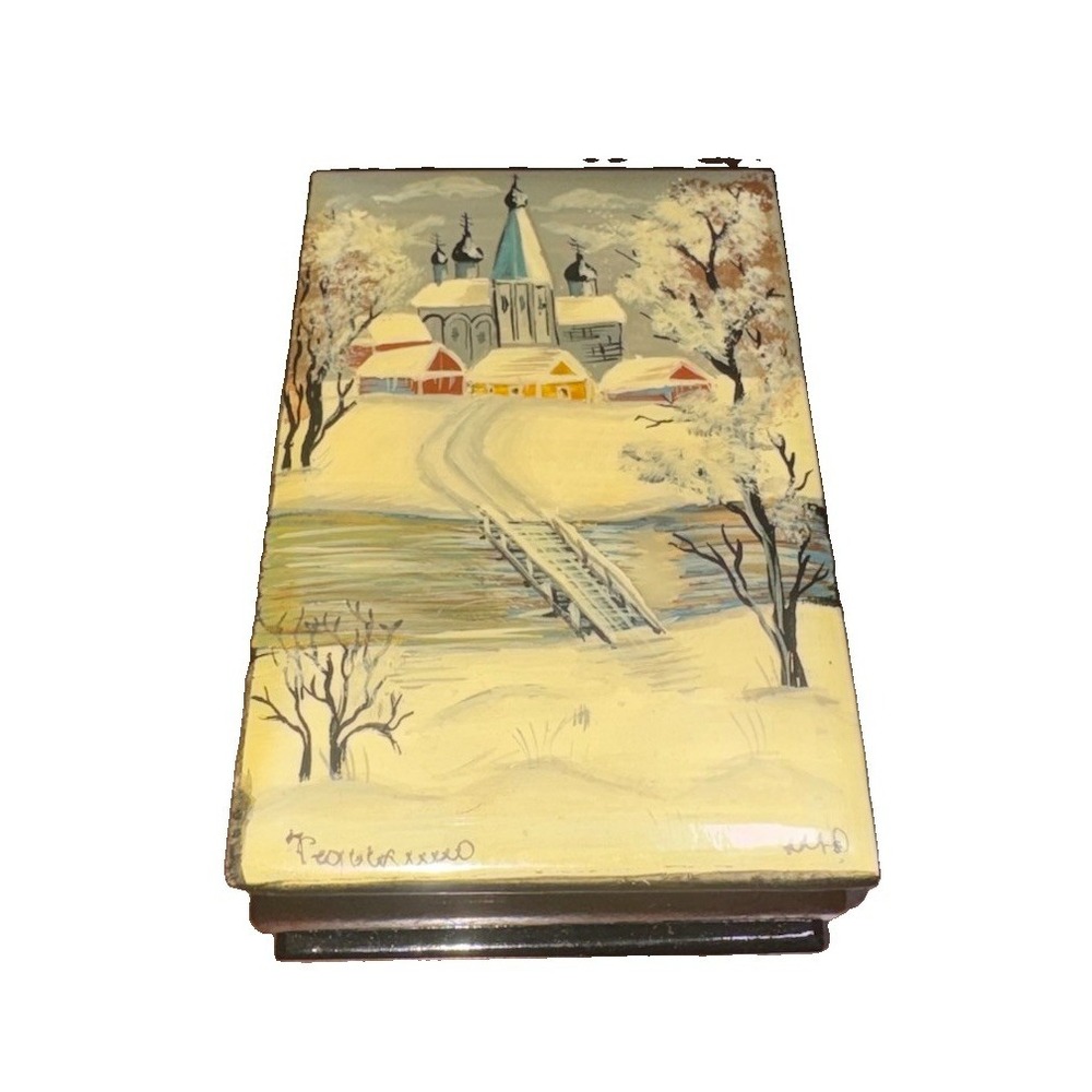 Vintage Fedoskino Lacquer Box Hand Painted Winter Scene Church Signed Art